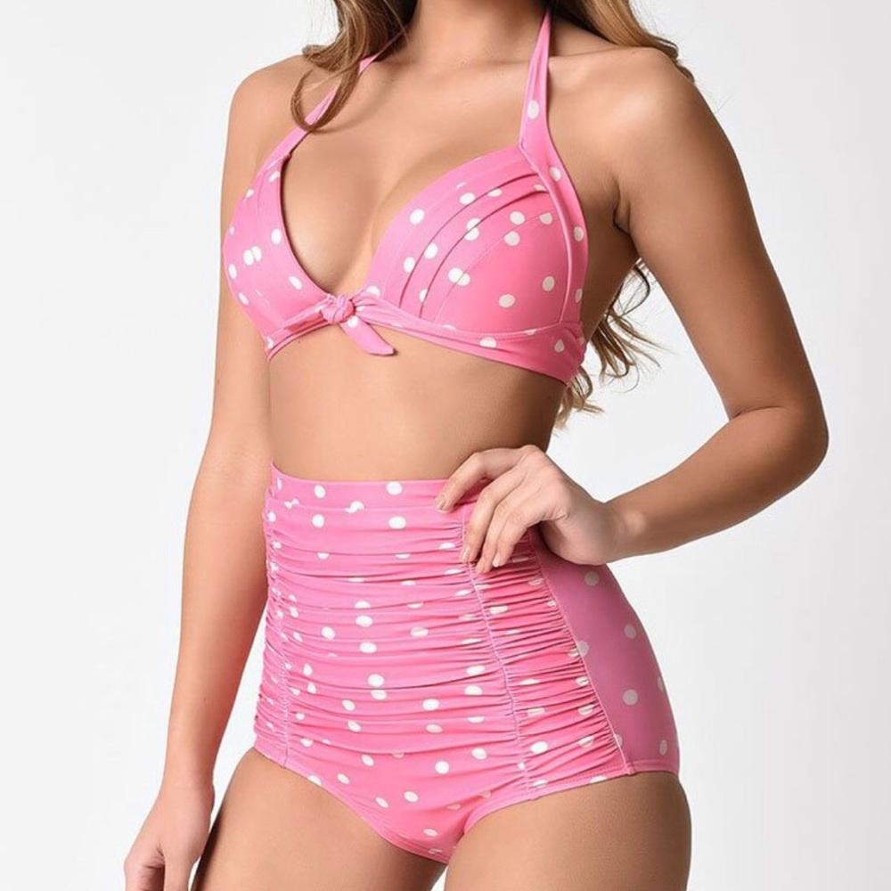 Vintage Polka Dot Ruched High Waist Knotted Halter